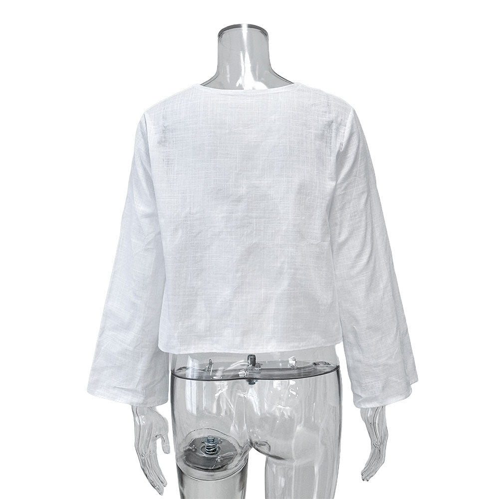 Tie Front Flared Sleeve Cropped Blouse - white - 3