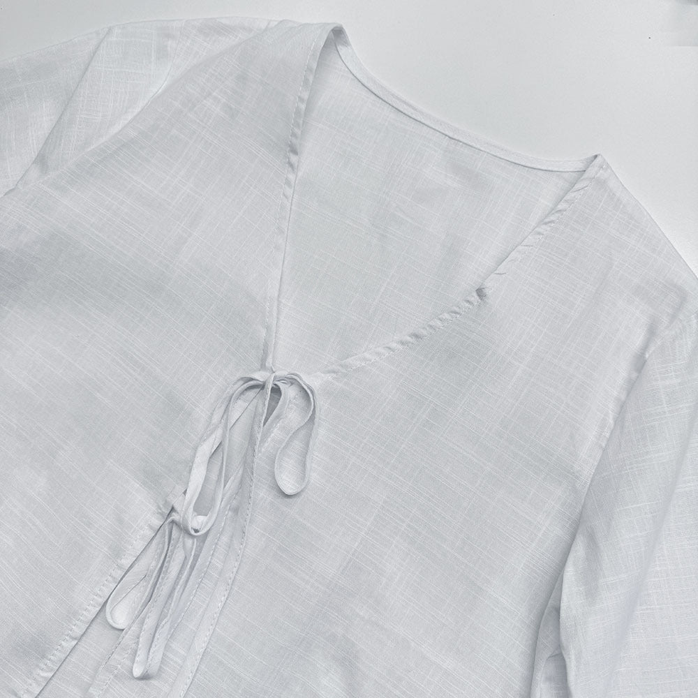 Tie Front Flared Sleeve Cropped Blouse - white - 4