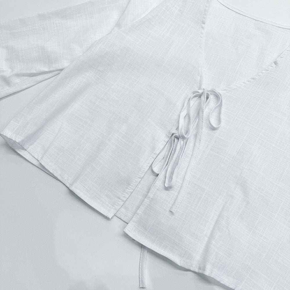 Tie Front Flared Sleeve Cropped Blouse - white - 6