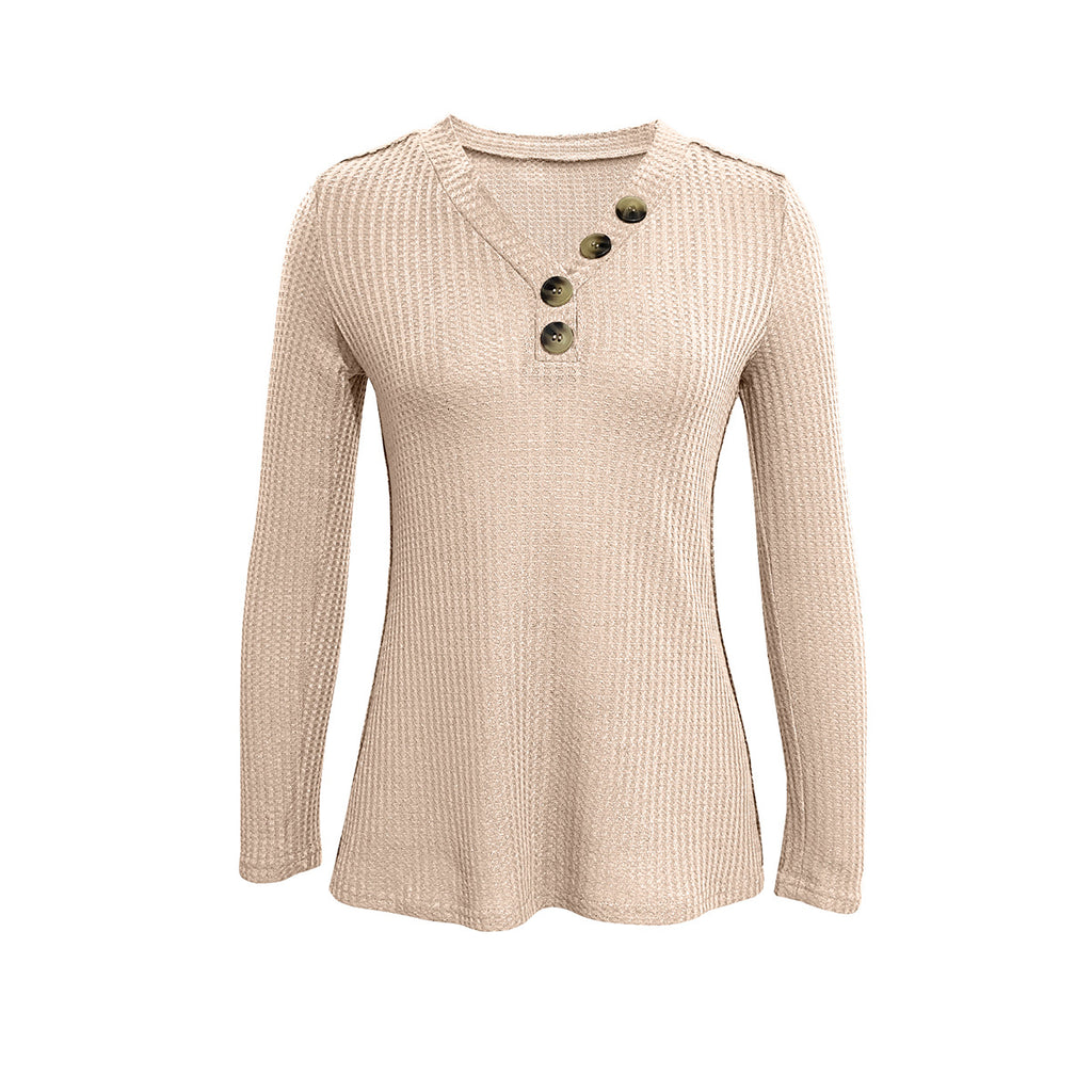 Waffle Knit Button Trim Flared Tunic Top - Apricot