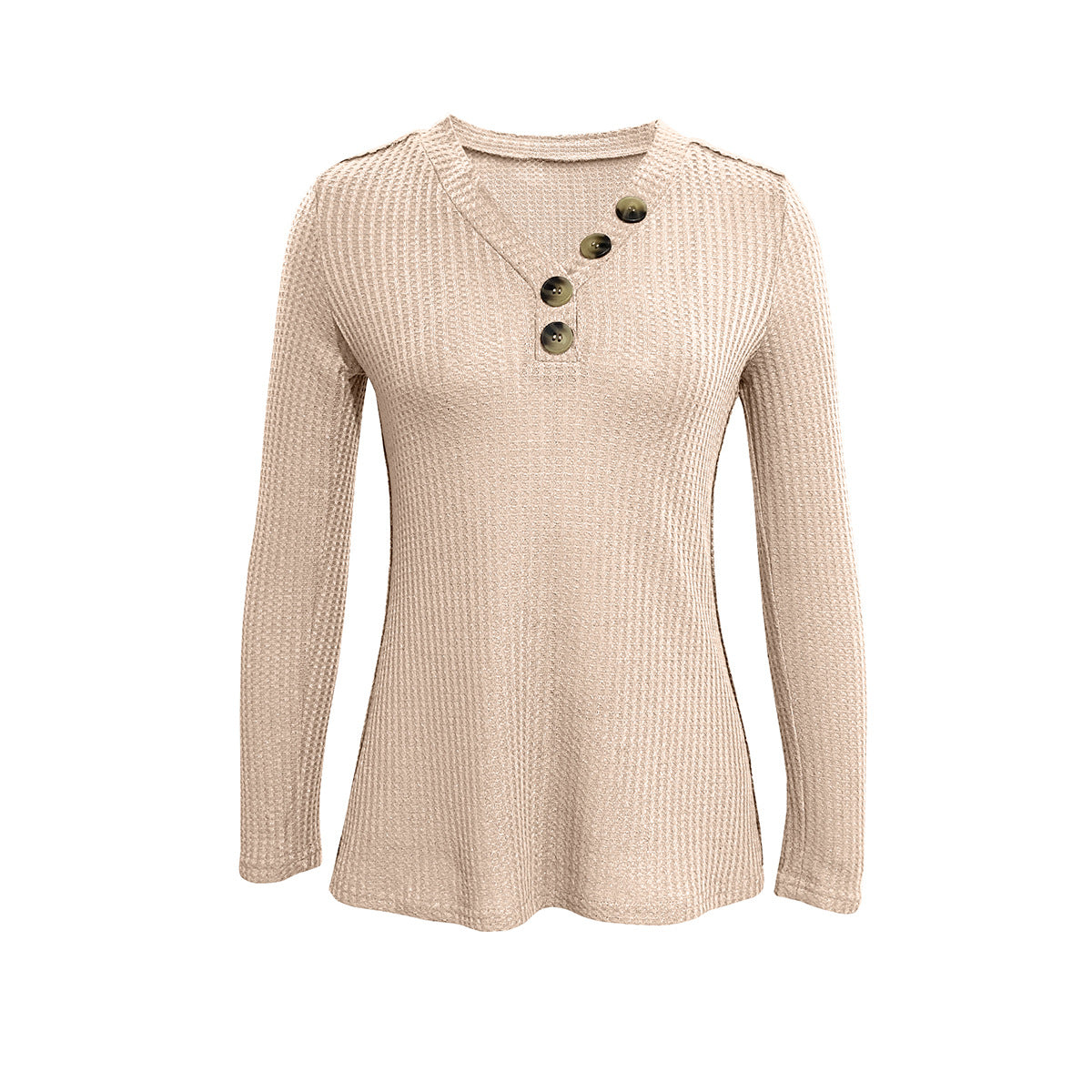 Waffle Knit Button Trim Flared Tunic Top - Apricot