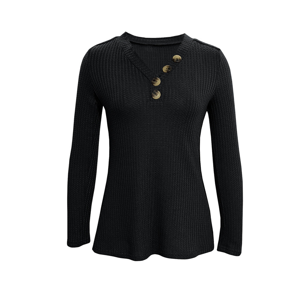 Waffle Knit Button Trim Flared Tunic Top - Black - 2
