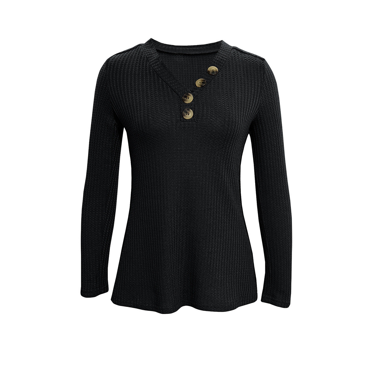 Waffle Knit Button Trim Flared Tunic Top - Black - 2