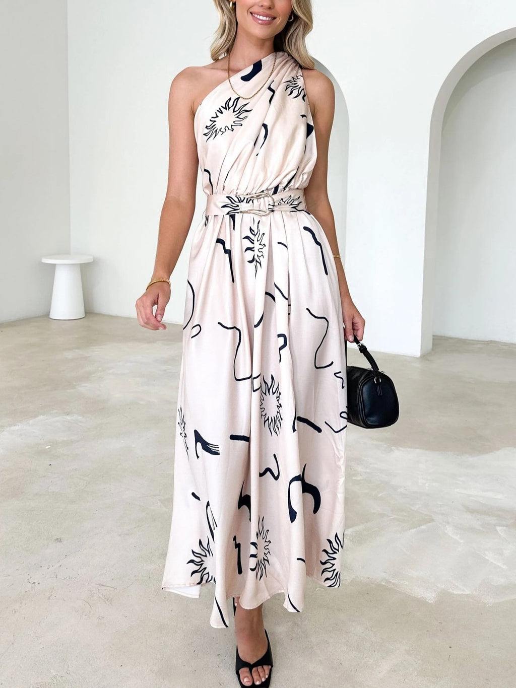 One Shoulder Draped Waist Maxi Dress - Apricot - 1