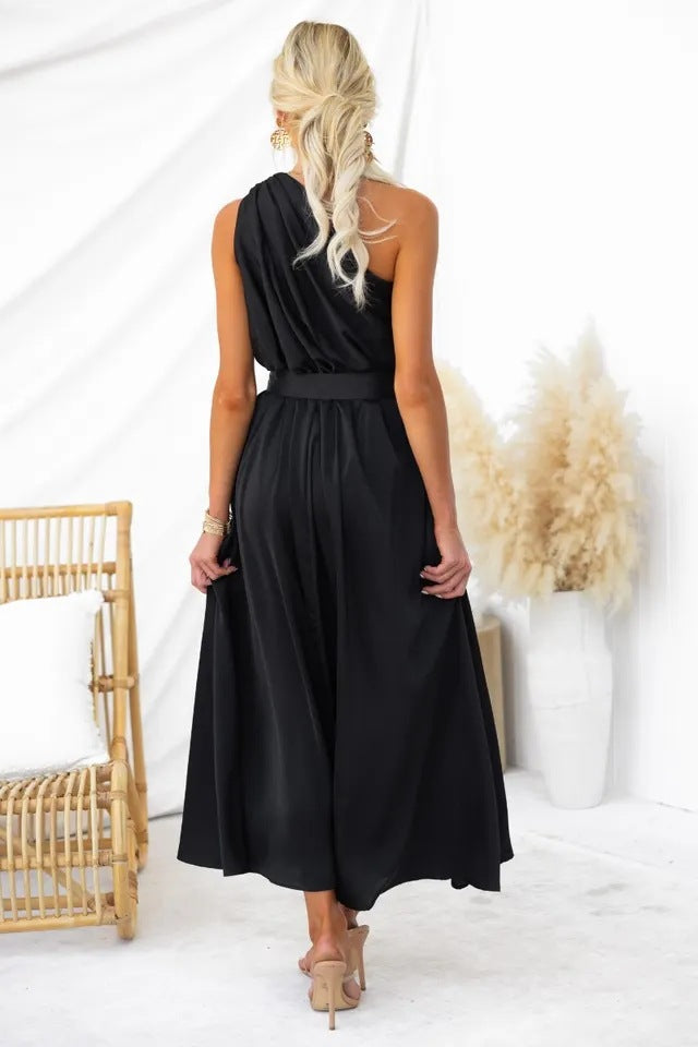 One Shoulder Draped Waist Maxi Dress - Black - 1