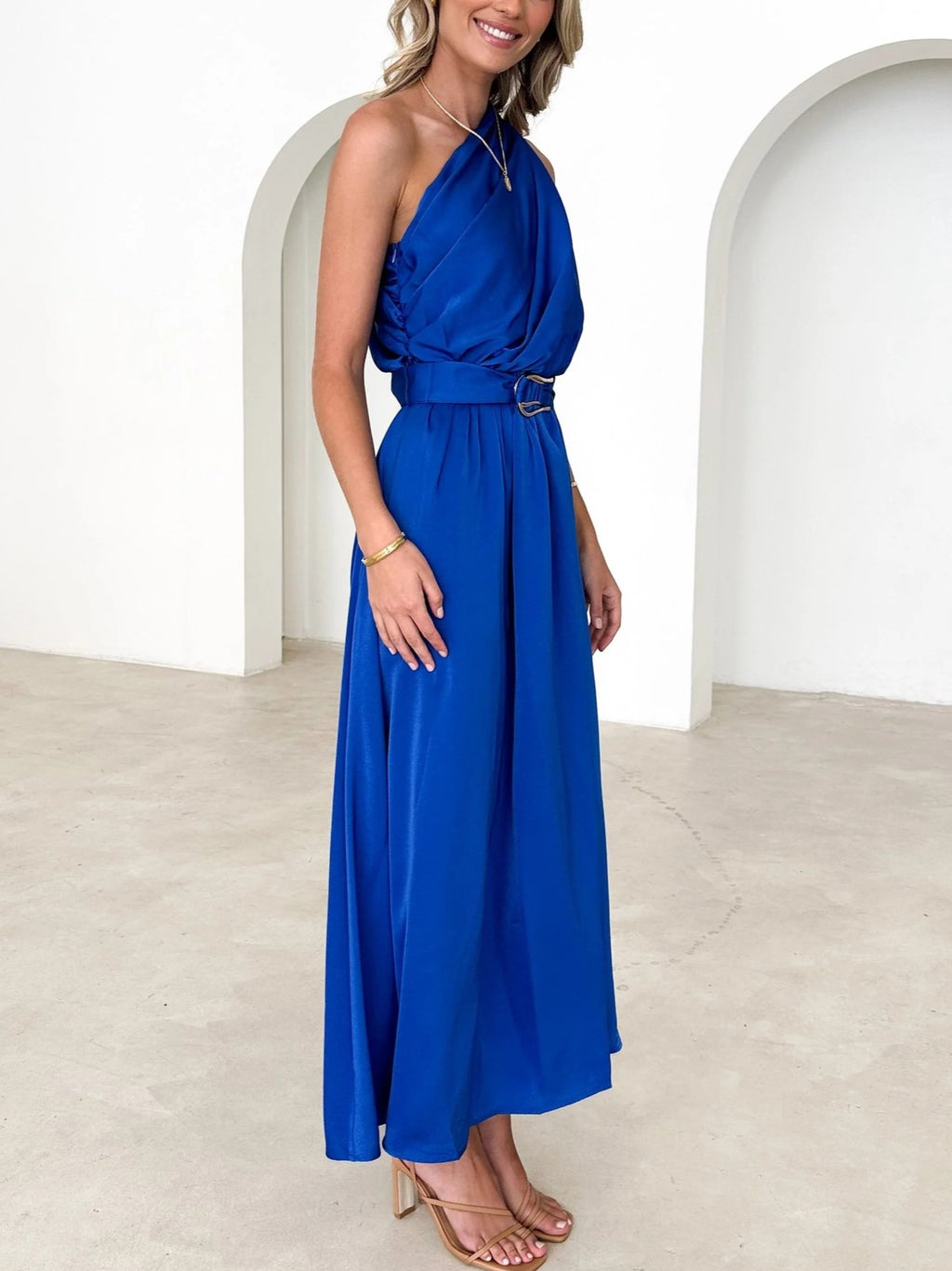 One Shoulder Draped Waist Maxi Dress - Blue - 1