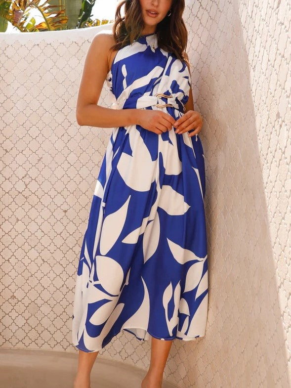 One Shoulder Draped Waist Maxi Dress - BlueWhite