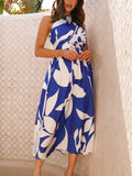 One Shoulder Draped Waist Maxi Dress - BlueWhite