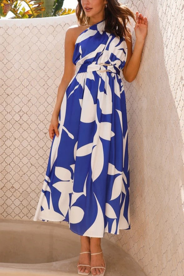 One Shoulder Draped Waist Maxi Dress - BlueWhite - 1