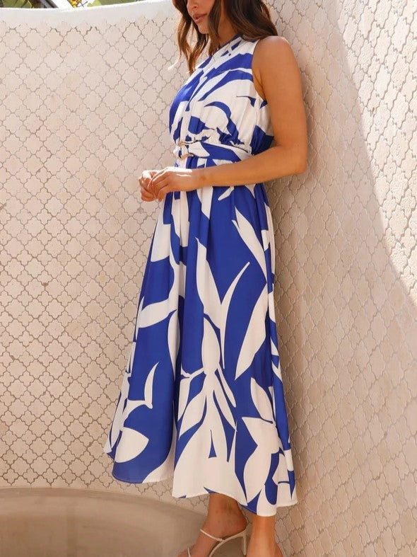 One Shoulder Draped Waist Maxi Dress - BlueWhite - 2