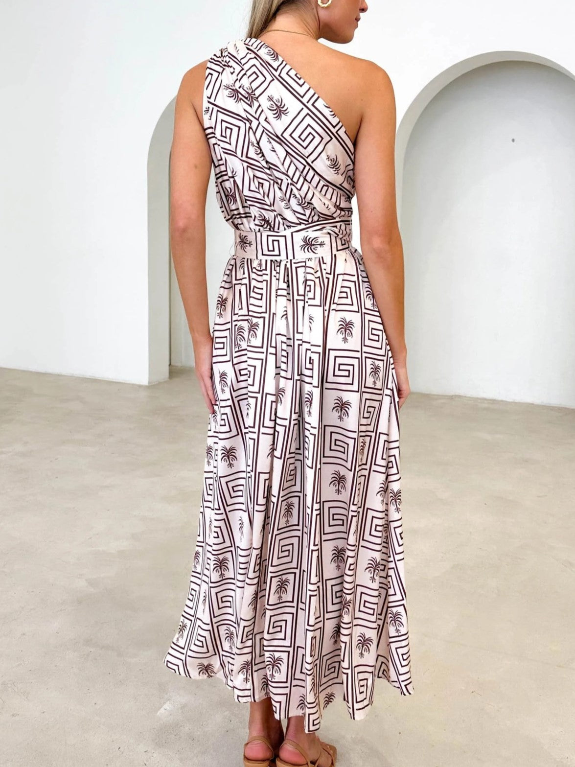 One Shoulder Draped Waist Maxi Dress - Brown - 2