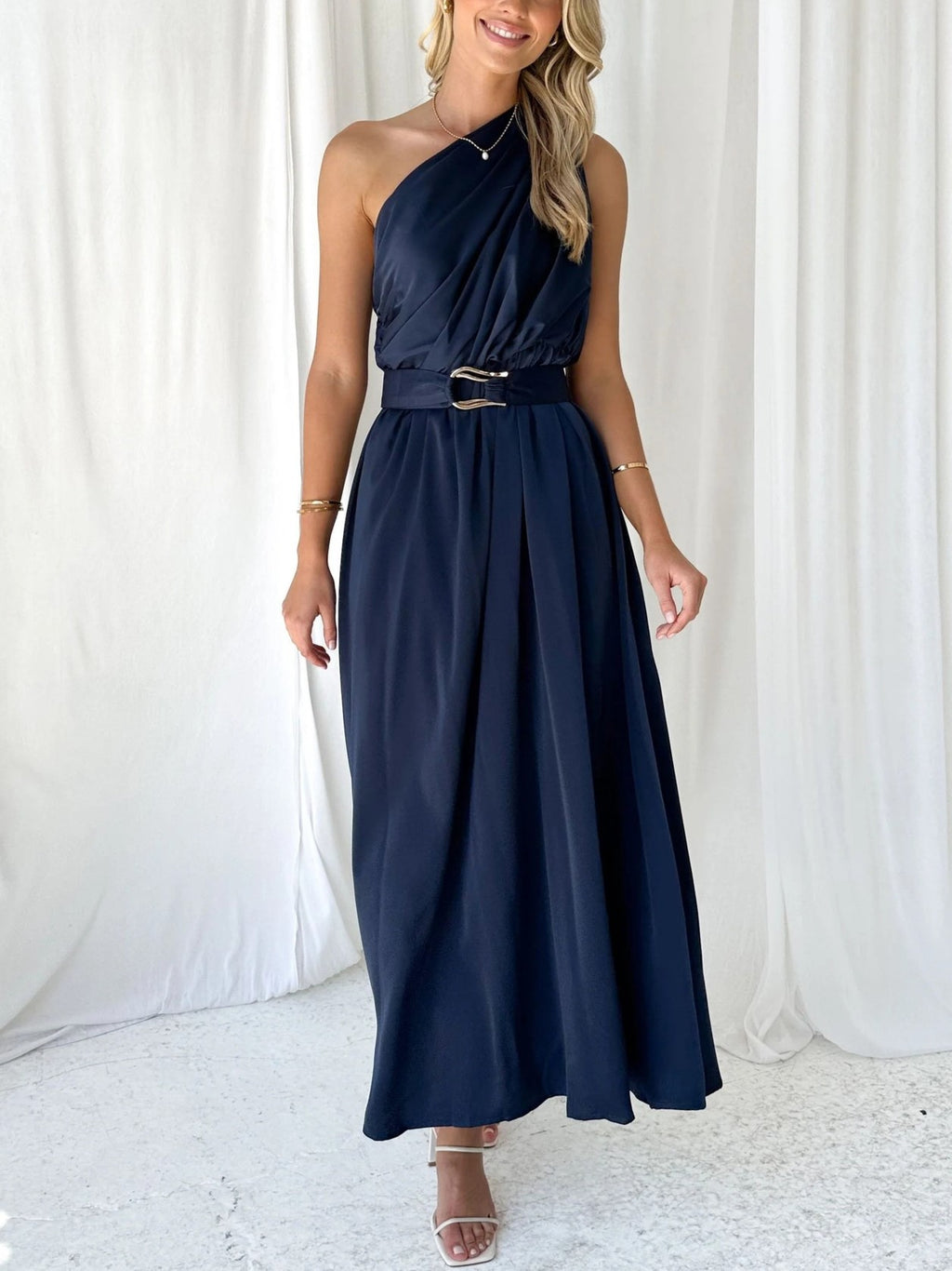 One Shoulder Draped Waist Maxi Dress - Dark Blue