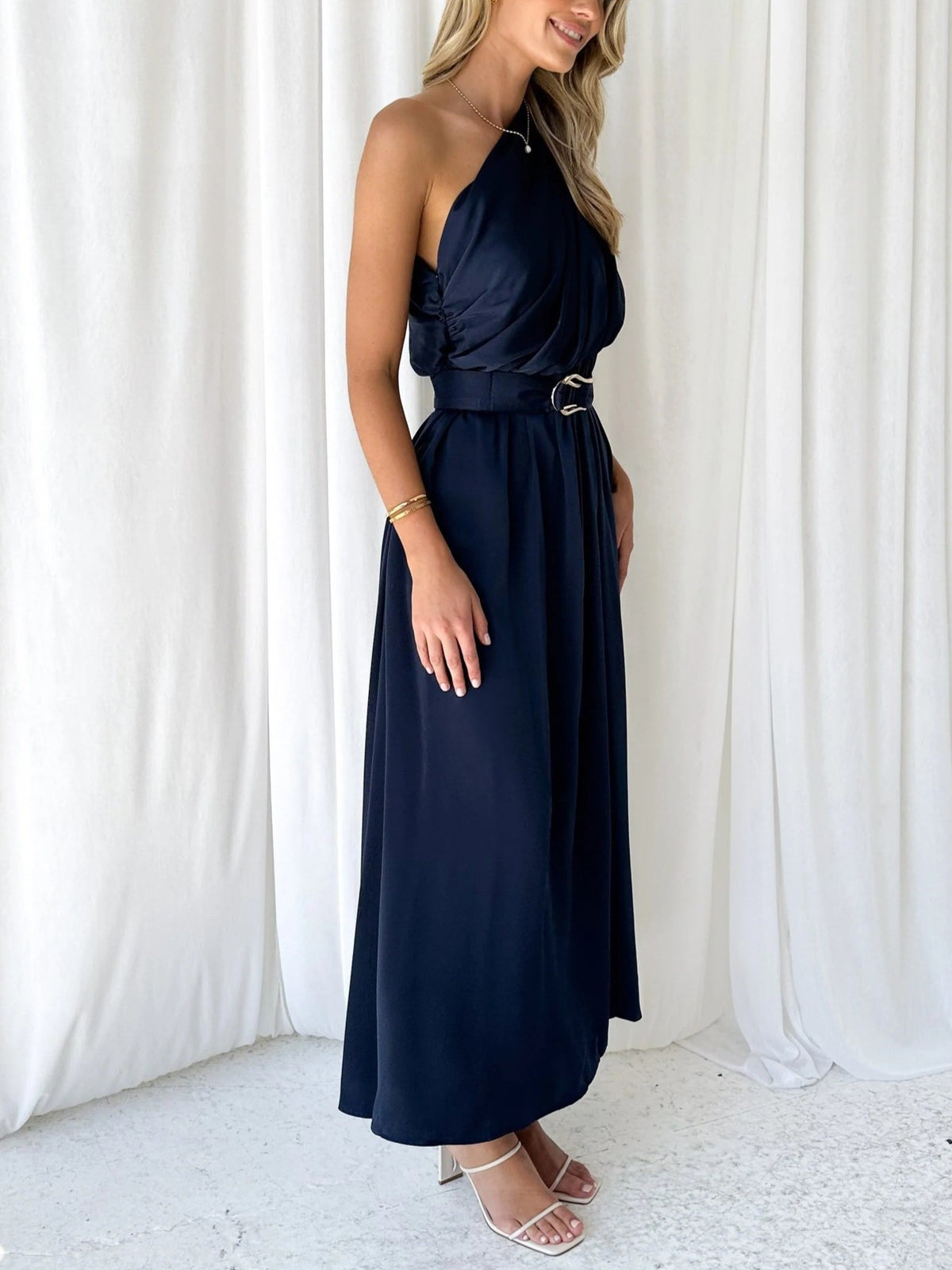 One Shoulder Draped Waist Maxi Dress - Dark Blue - 1