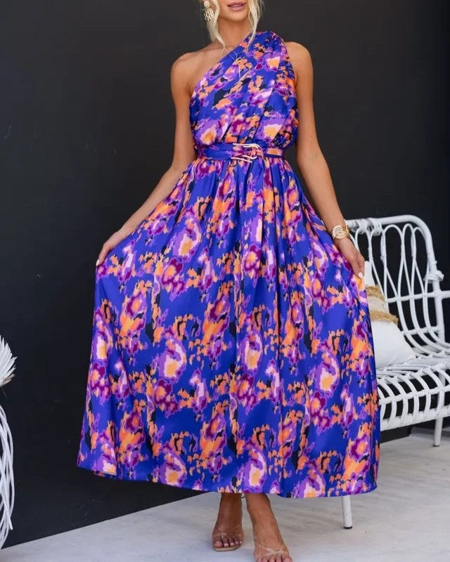 One Shoulder Draped Waist Maxi Dress - Purple