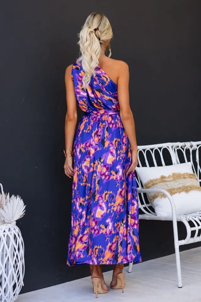 One Shoulder Draped Waist Maxi Dress - Purple - 2