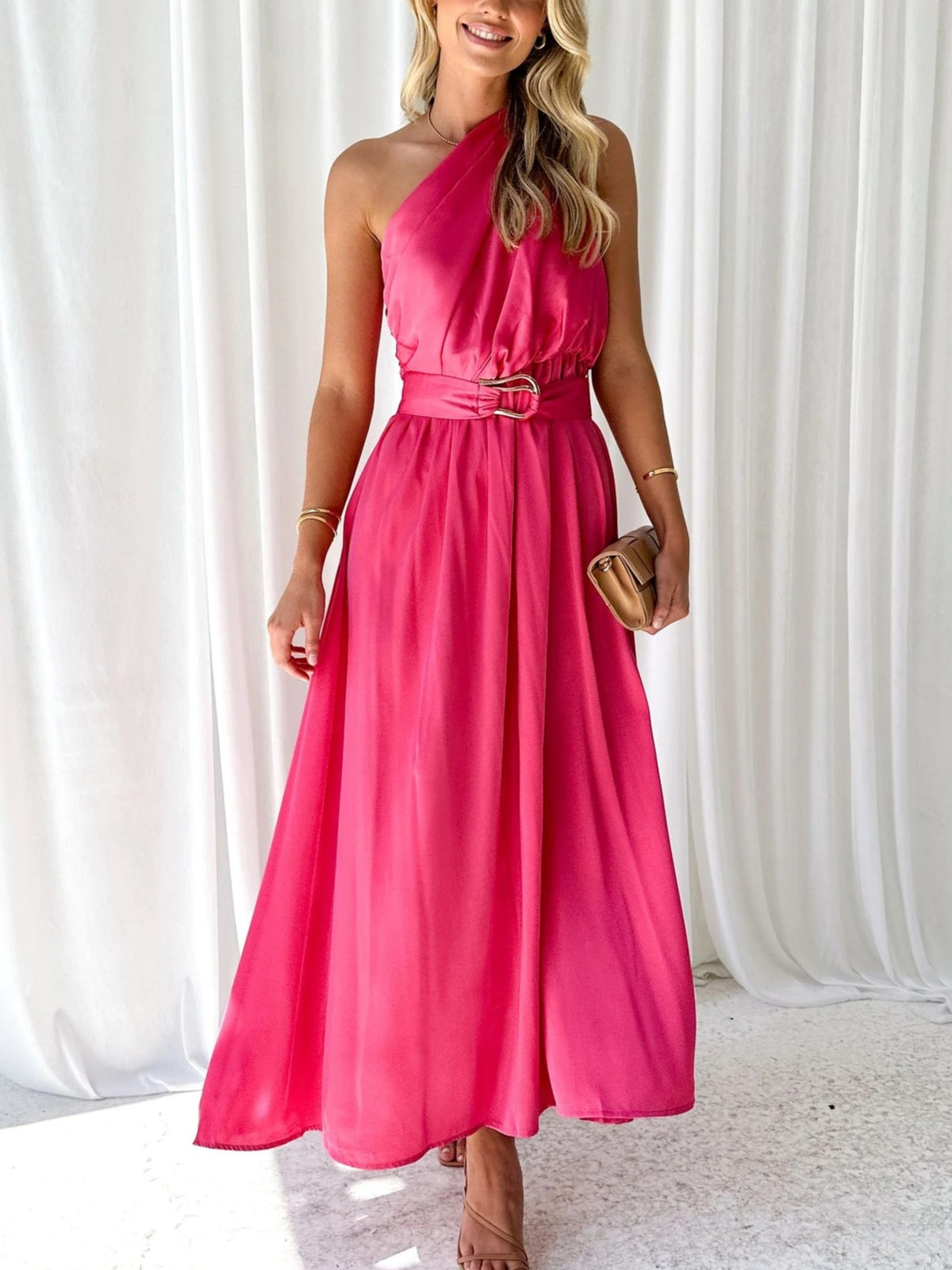One Shoulder Draped Waist Maxi Dress - Red