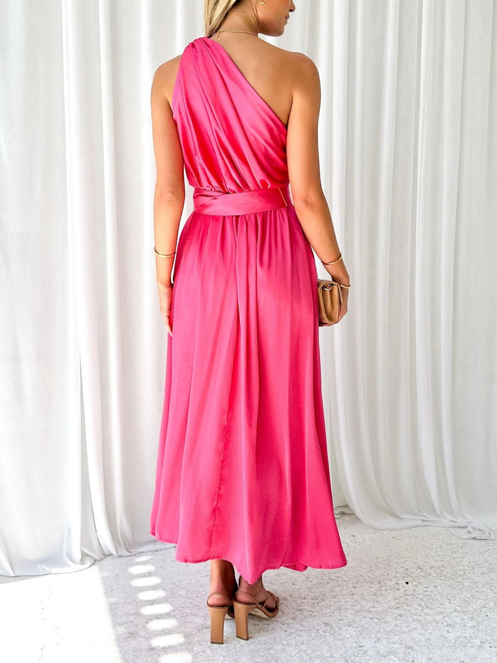 One Shoulder Draped Waist Maxi Dress - Red - 1