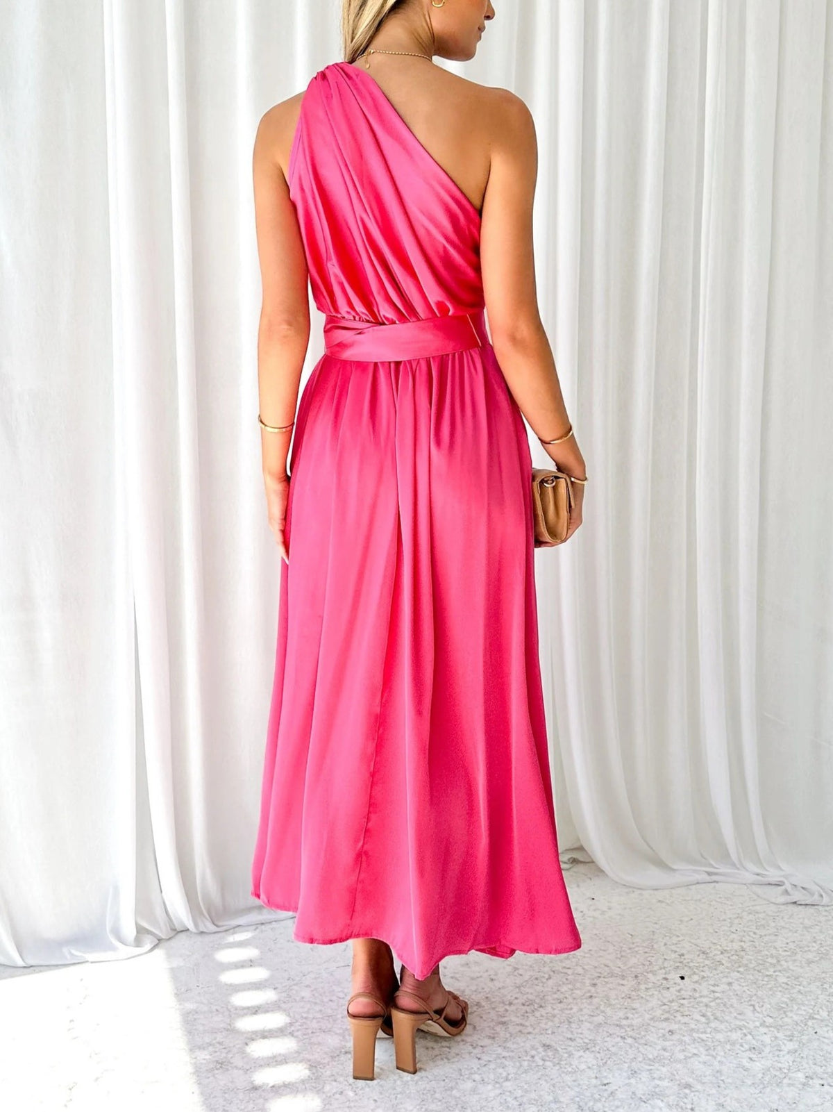 One Shoulder Draped Waist Maxi Dress - Red - 1