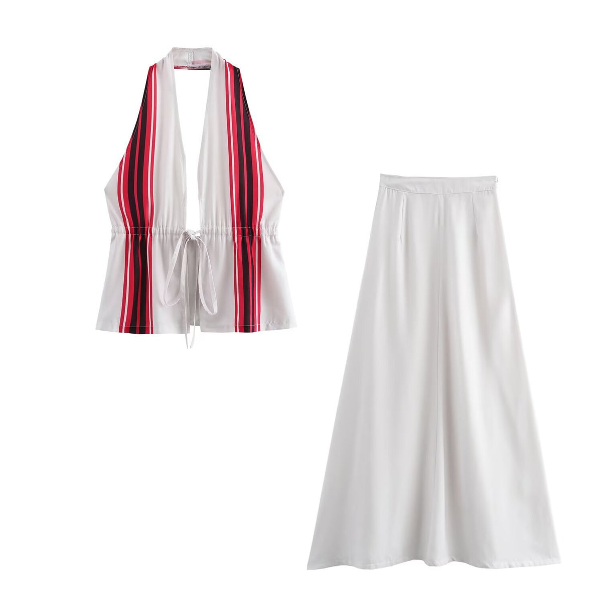 Striped Halter Vest And Maxi Skirt Set - Skirt - 1