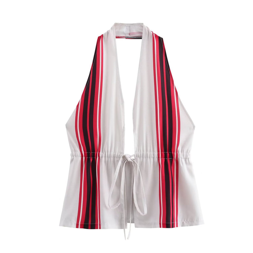 Striped Halter Vest And Maxi Skirt Set - Top