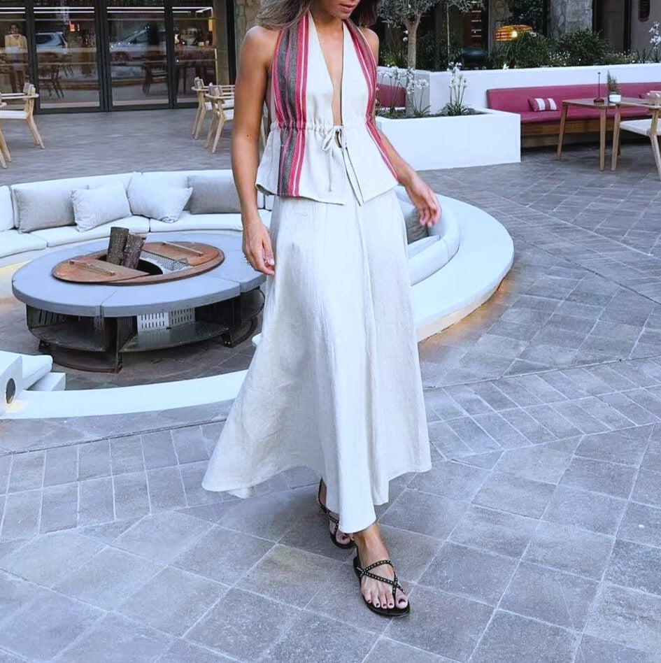 Striped Halter Vest And Maxi Skirt Set - Top - 5