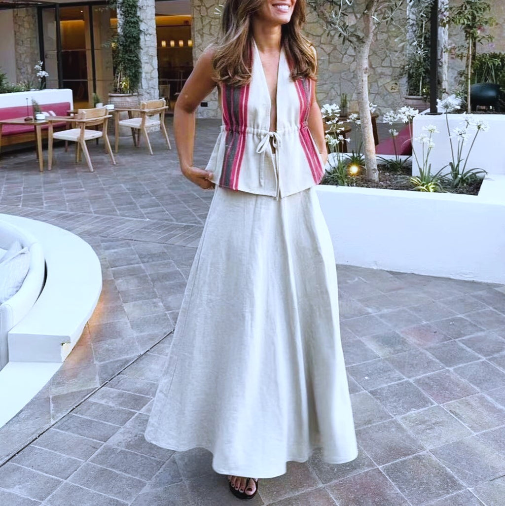 Striped Halter Vest And Maxi Skirt Set - view 1