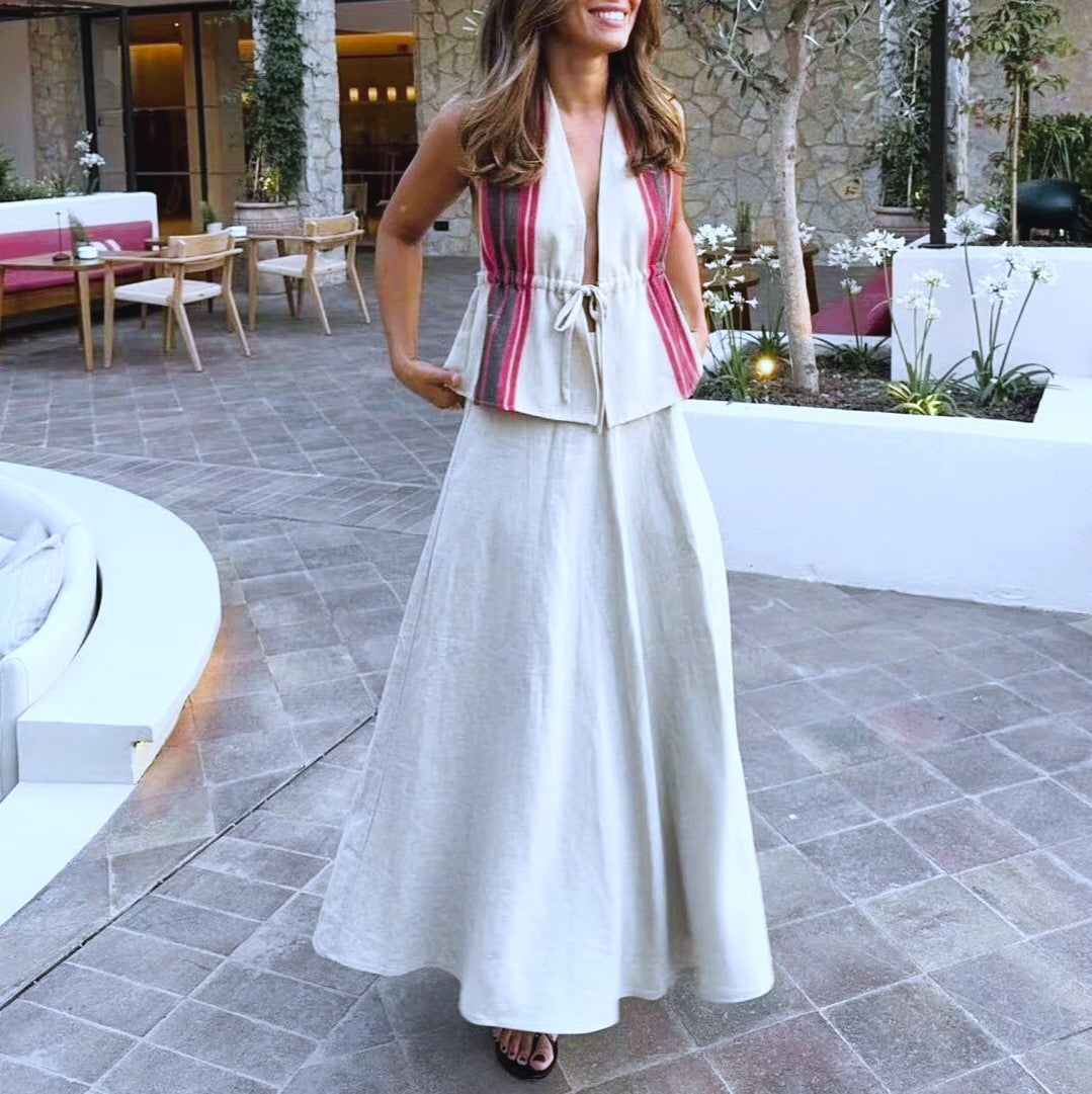 Striped Halter Vest And Maxi Skirt Set - view 1