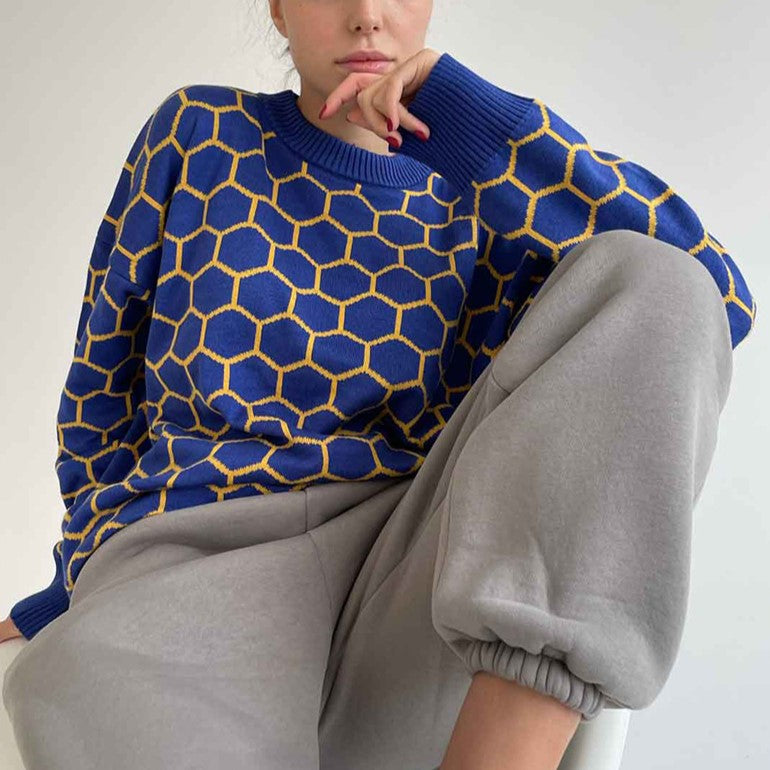 Honeycomb Jacquard Oversized Crewneck Sweater - Blue