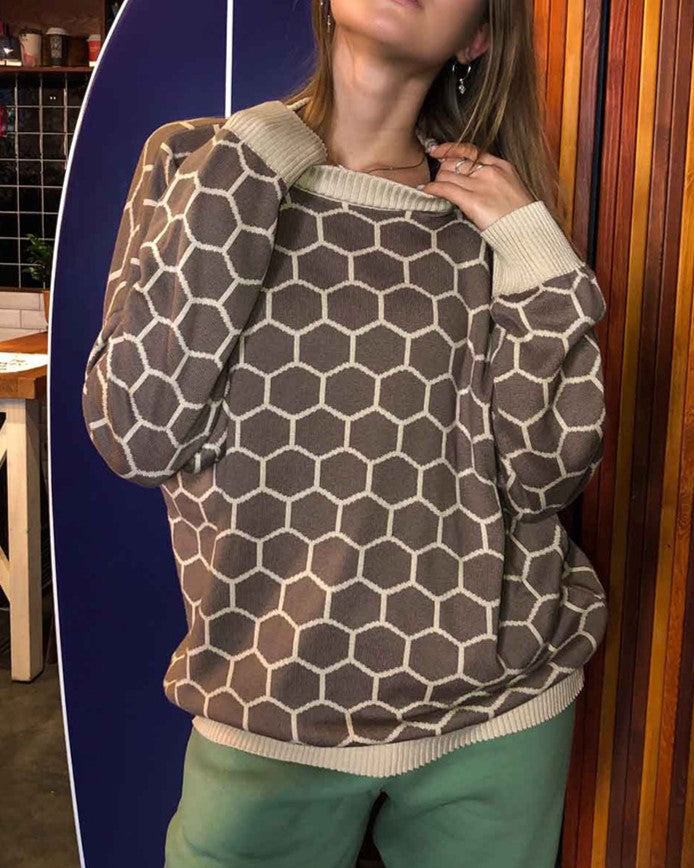 Honeycomb Jacquard Oversized Crewneck Sweater - Brown