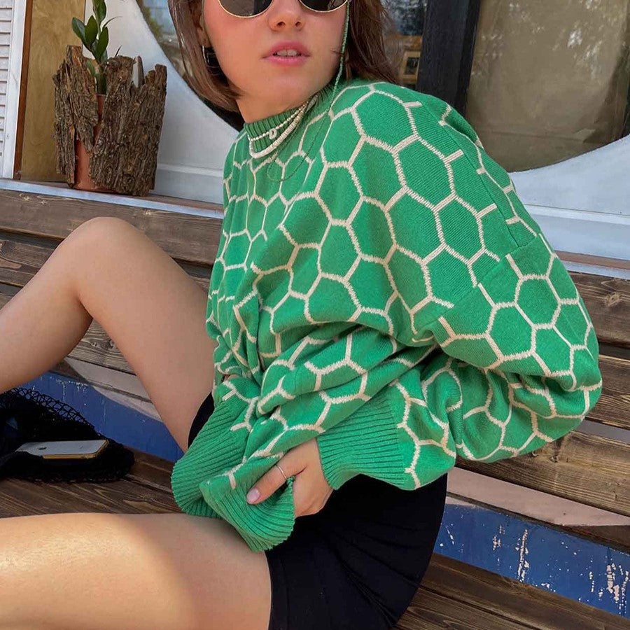 Honeycomb Jacquard Oversized Crewneck Sweater - GreenApricot
