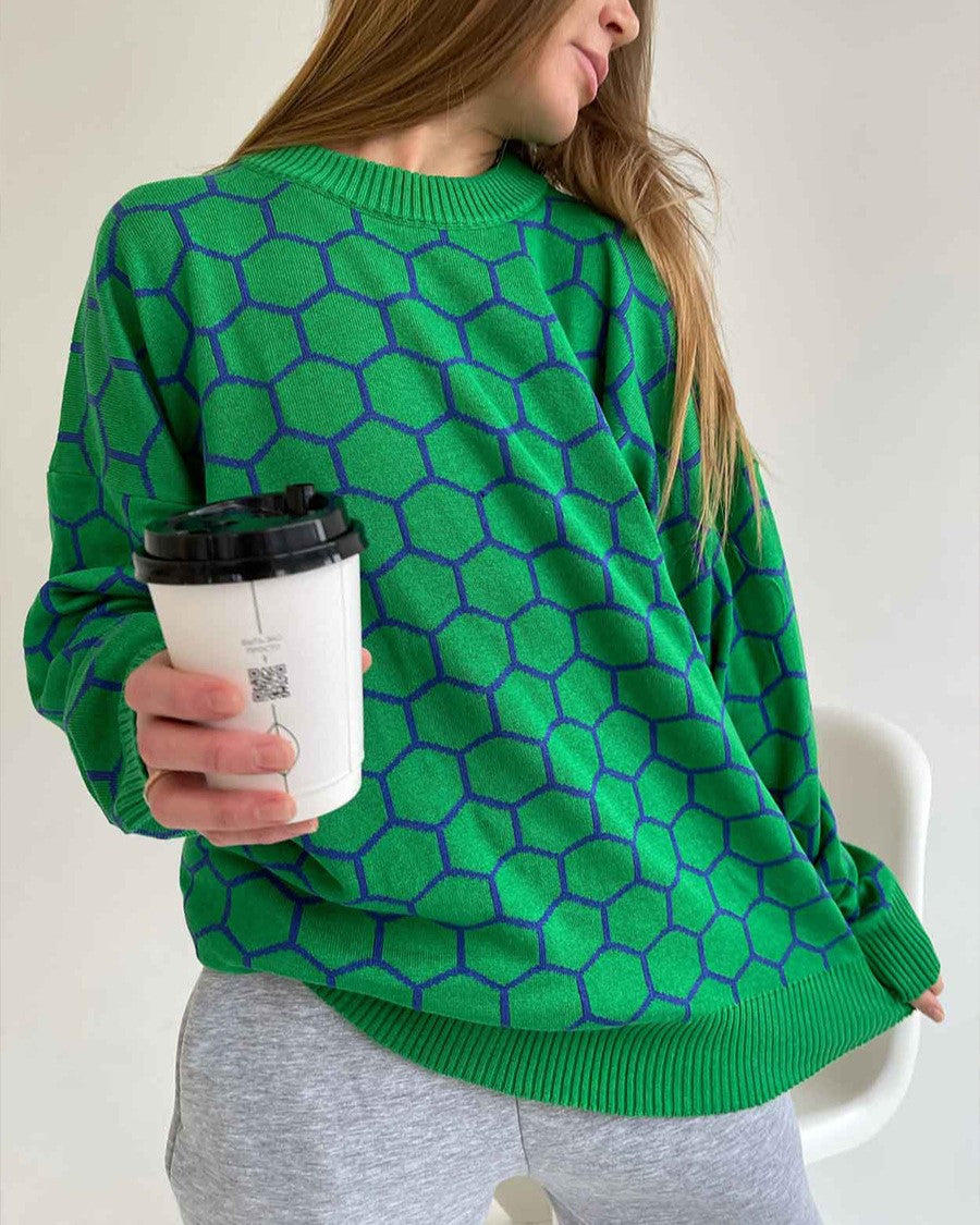 Honeycomb Jacquard Oversized Crewneck Sweater - GreenBlue