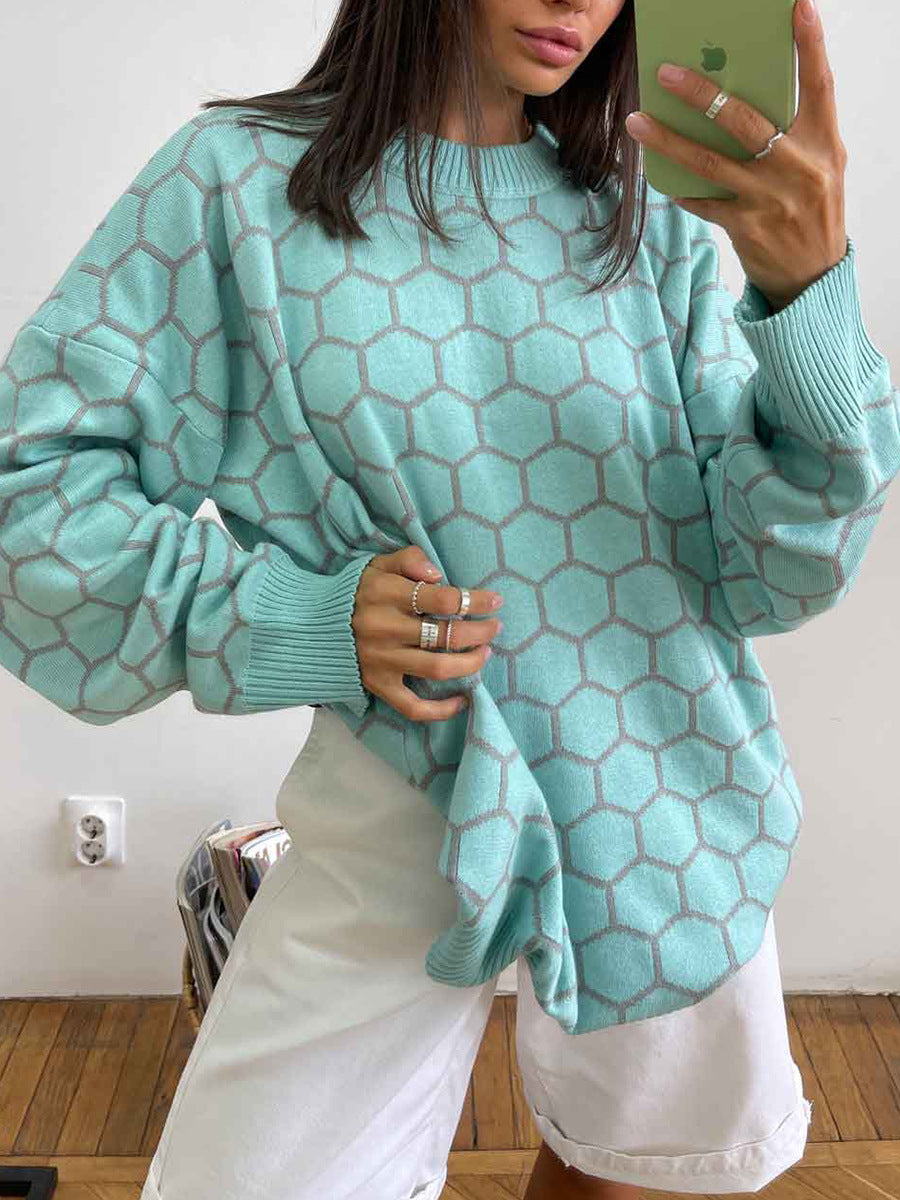 Honeycomb Jacquard Oversized Crewneck Sweater - MintGreen