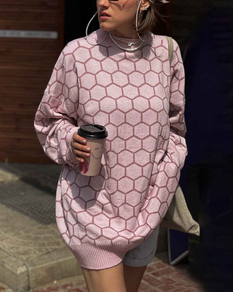 Honeycomb Jacquard Oversized Crewneck Sweater - Pink