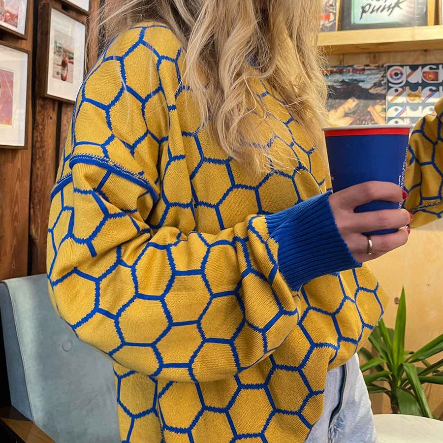 Honeycomb Jacquard Oversized Crewneck Sweater - Yellow