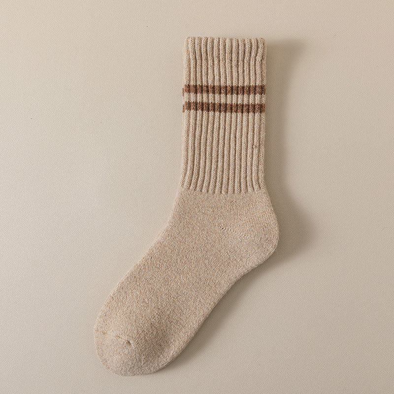 Ribbed Double Stripe Crew Socks - Beige