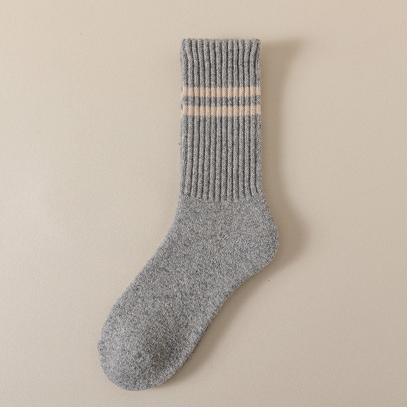 Ribbed Double Stripe Crew Socks - Light-Gray
