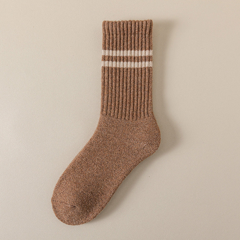 Ribbed Double Stripe Crew Socks - LightCoffee