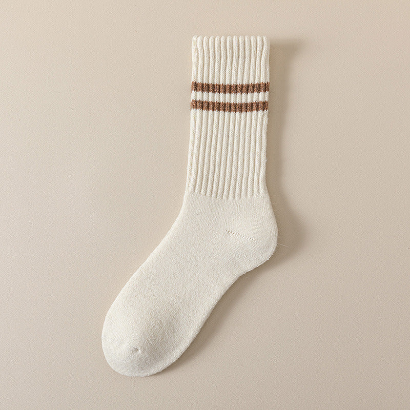 Ribbed Double Stripe Crew Socks - White
