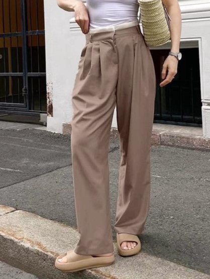 Pleated Wide Leg Trousers With Contrast Waist - Brown