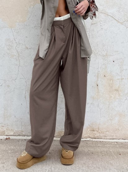 Pleated Wide Leg Trousers With Contrast Waist - Brown - 1