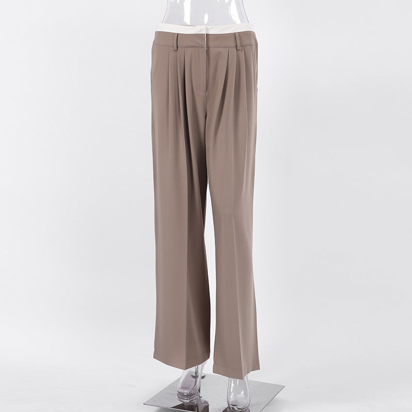 Pleated Wide Leg Trousers With Contrast Waist - Brown - 2