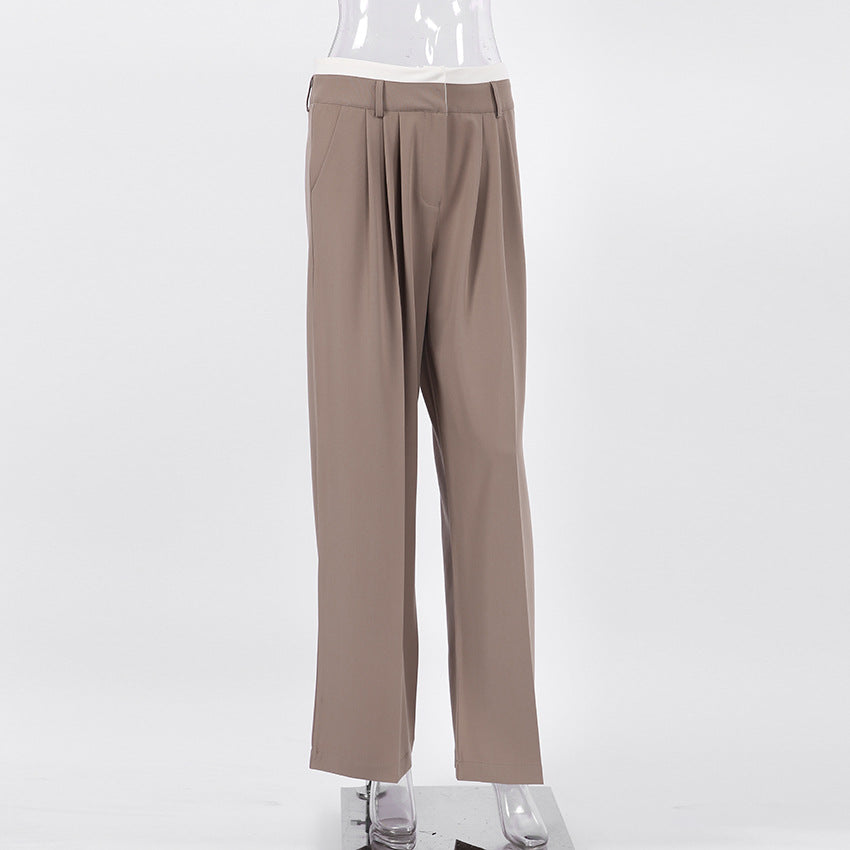 Pleated Wide Leg Trousers With Contrast Waist - Brown - 3
