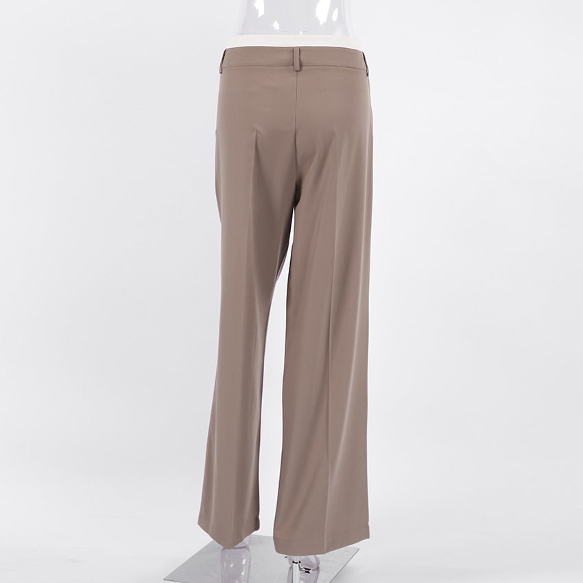 Pleated Wide Leg Trousers With Contrast Waist - Brown - 4