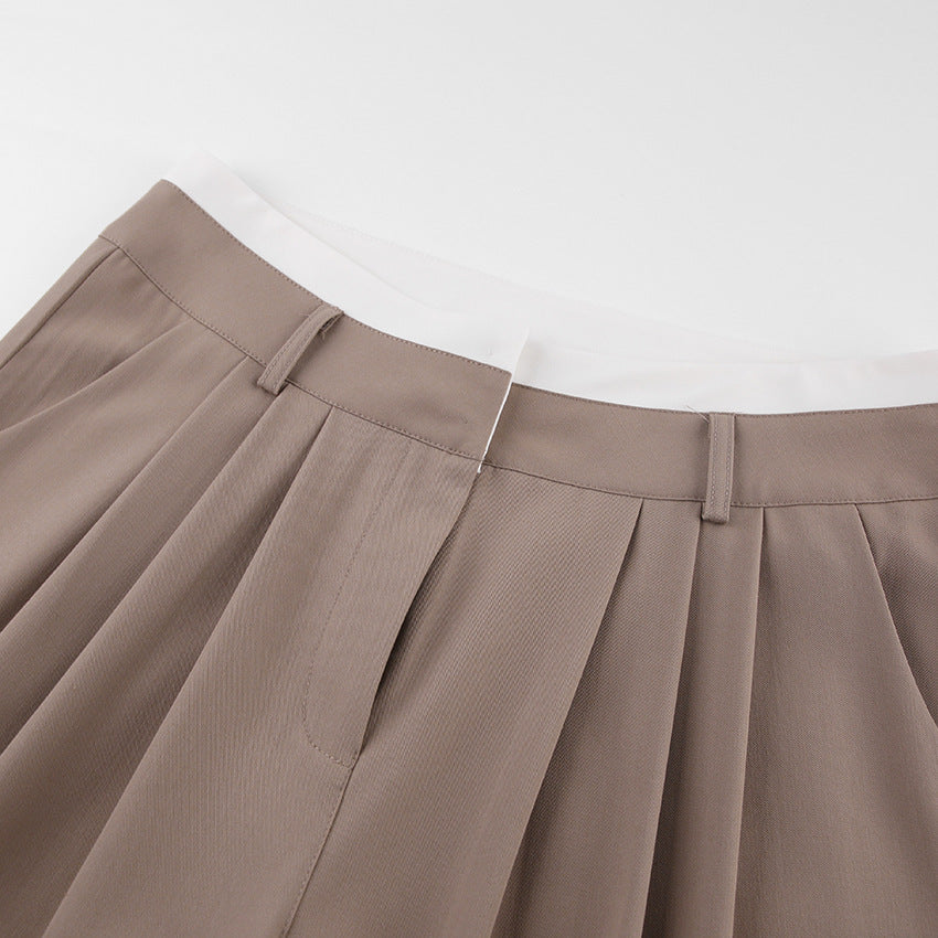Pleated Wide Leg Trousers With Contrast Waist - Brown - 5
