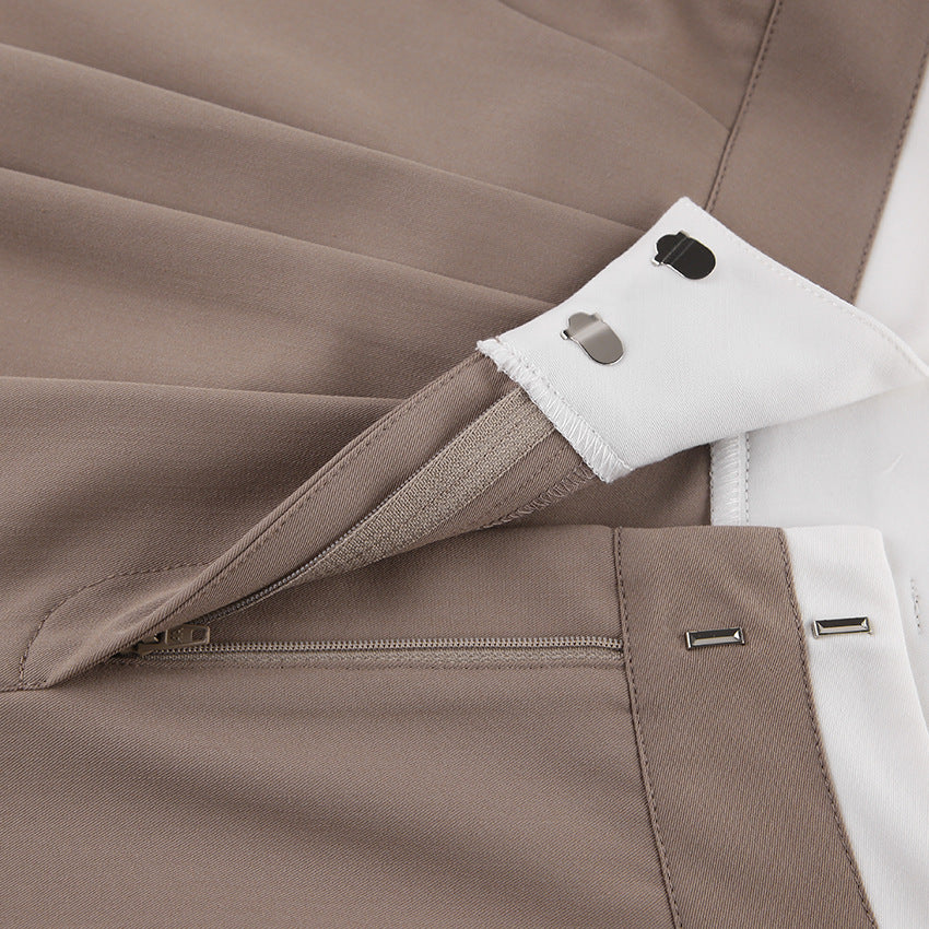 Pleated Wide Leg Trousers With Contrast Waist - Brown - 6