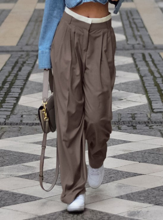 Pleated Wide Leg Trousers With Contrast Waist - Brown - 9