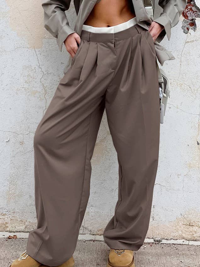 Pleated Wide Leg Trousers With Contrast Waist
