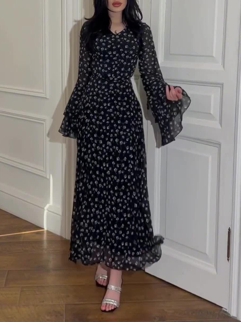 Ditsy Floral Bell Sleeve Chiffon Maxi Dress - Black - 2