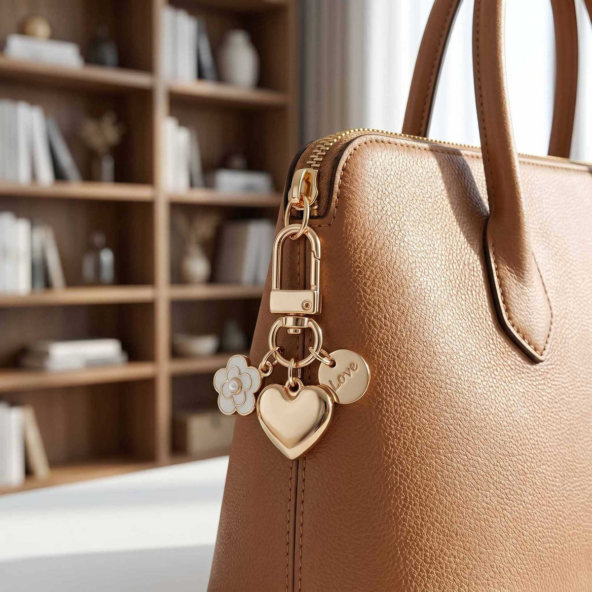 Flower and Puffy Heart Bag Charm Keychain - Gold