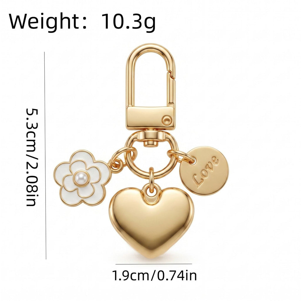 Flower and Puffy Heart Bag Charm Keychain - Gold - 1